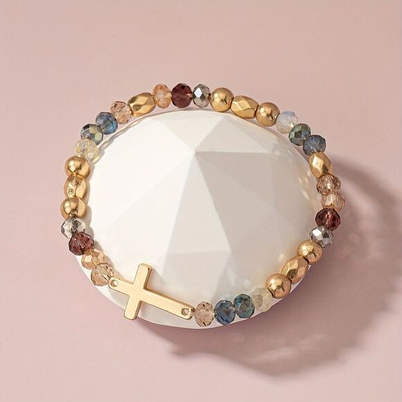 Elegant Multicolor Beaded Bracelet with Gold Cross A966 - Picture 2 of 3